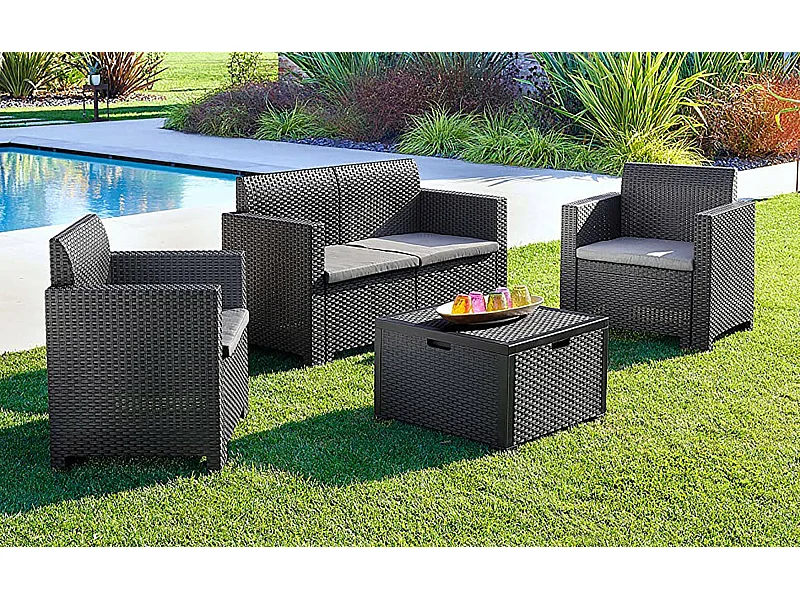 Conjunto de salón exterior Dmotto, Conjunto de jardín con cojines, Conjunto de salón interior efecto ratán, 100% Made in Italy, Antracita