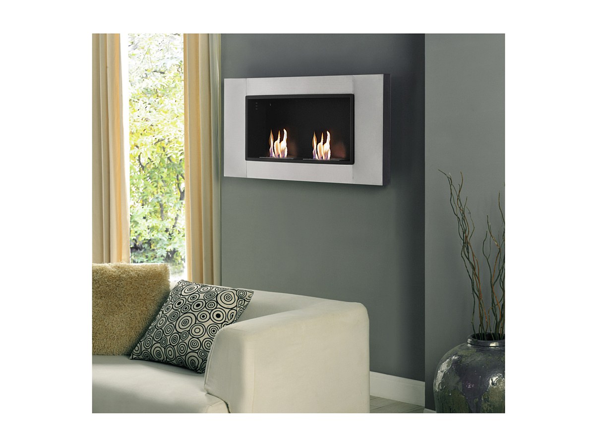 Chimenea mural de bioetanol de doble fuego en plateado SAPHIRA