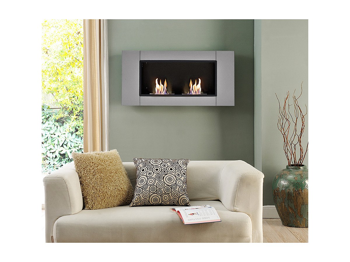 Chimenea mural de bioetanol de doble fuego en plateado SAPHIRA