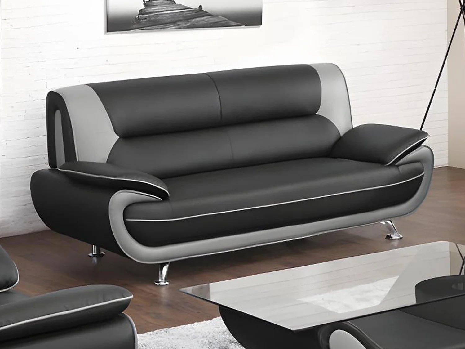 Sofa 3-Sitzer - Kunstleder - Schwarz & Grau - NIGEL