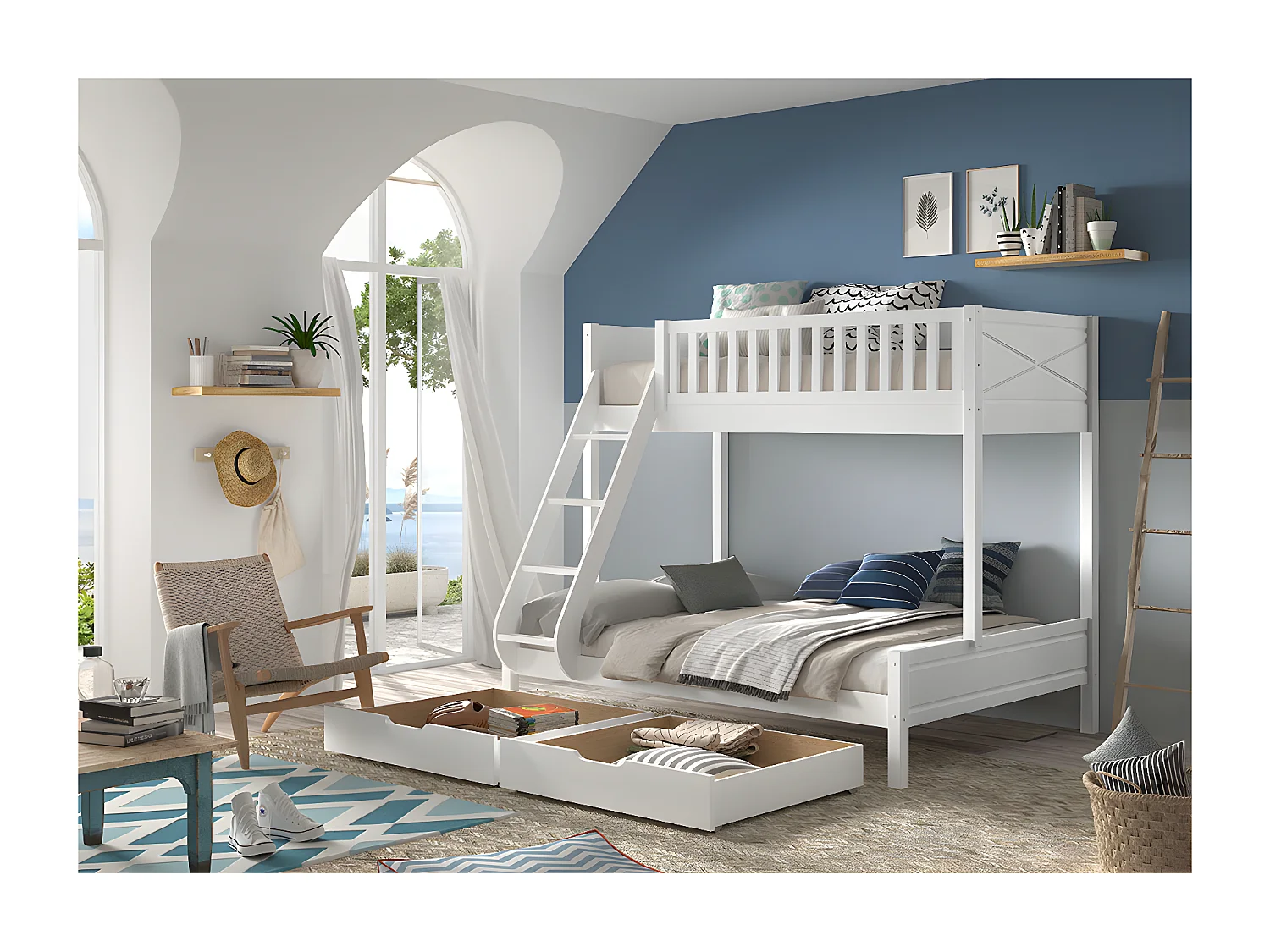 Pack - Lit Familial & 2 Tiroirs "Scott" Blanc