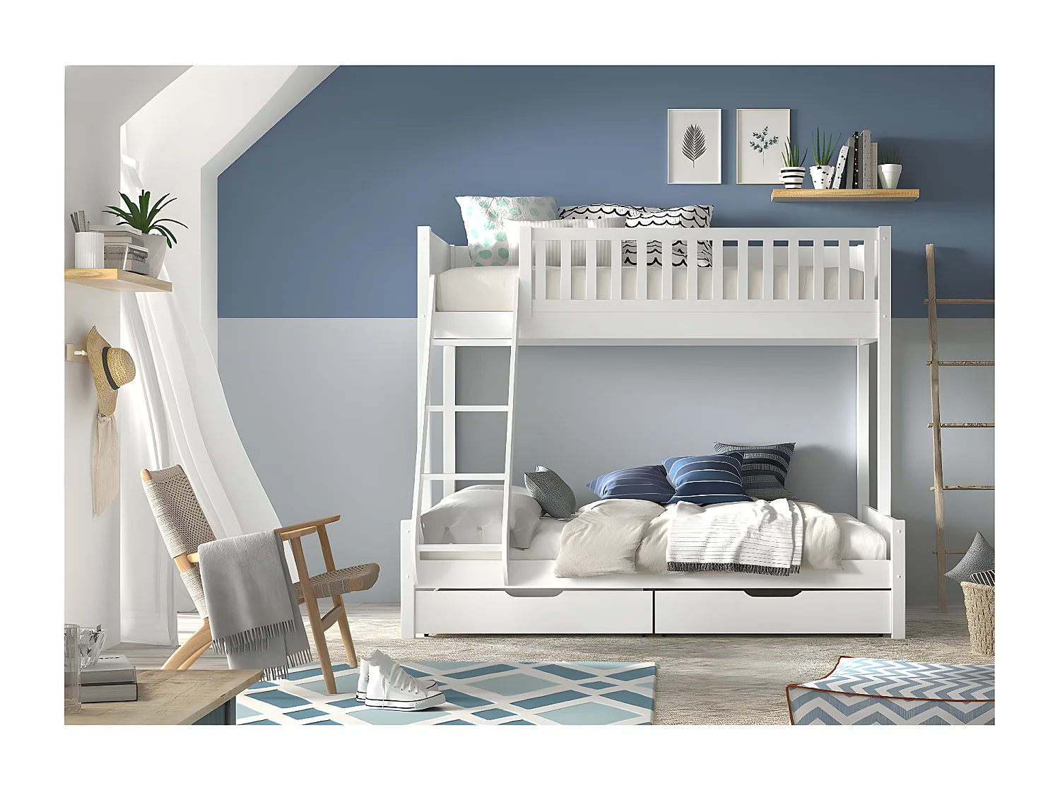 Pack - Lit Familial & 2 Tiroirs "Scott" Blanc