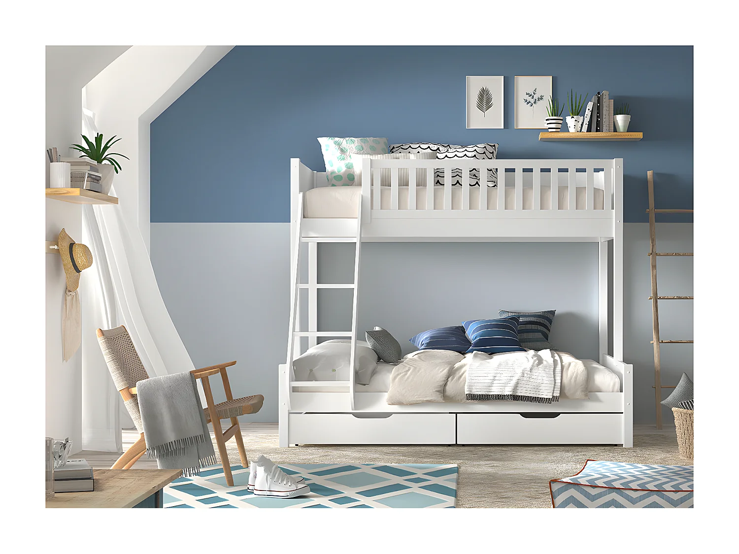 Pack - Lit Familial & 2 Tiroirs "Scott" Blanc