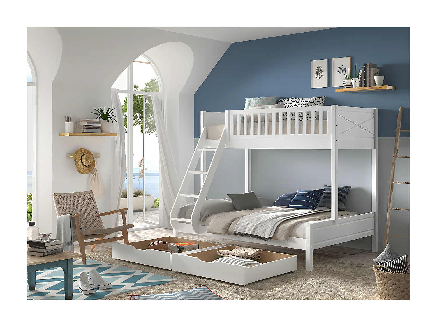 Pack - Lit Familial & 2 Tiroirs "Scott" Blanc