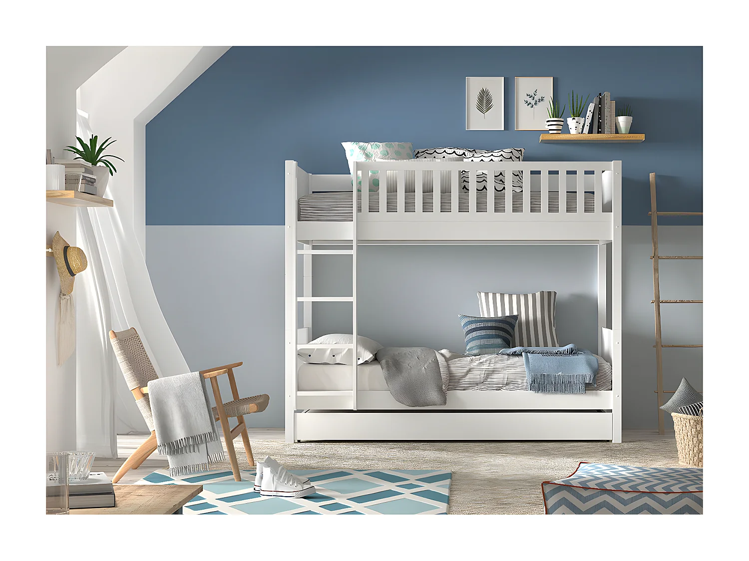 Pack - Lit Superposé Enfant & Tiroir "Scott" Blanc