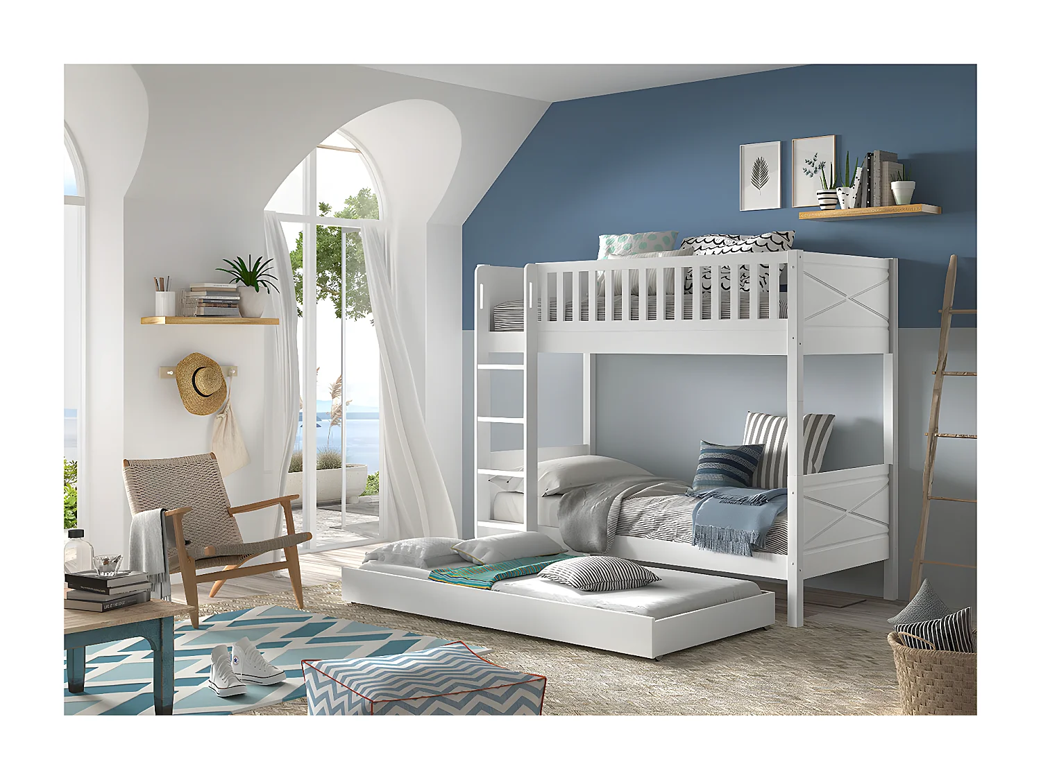 Pack - Lit Superposé Enfant & Tiroir "Scott" Blanc