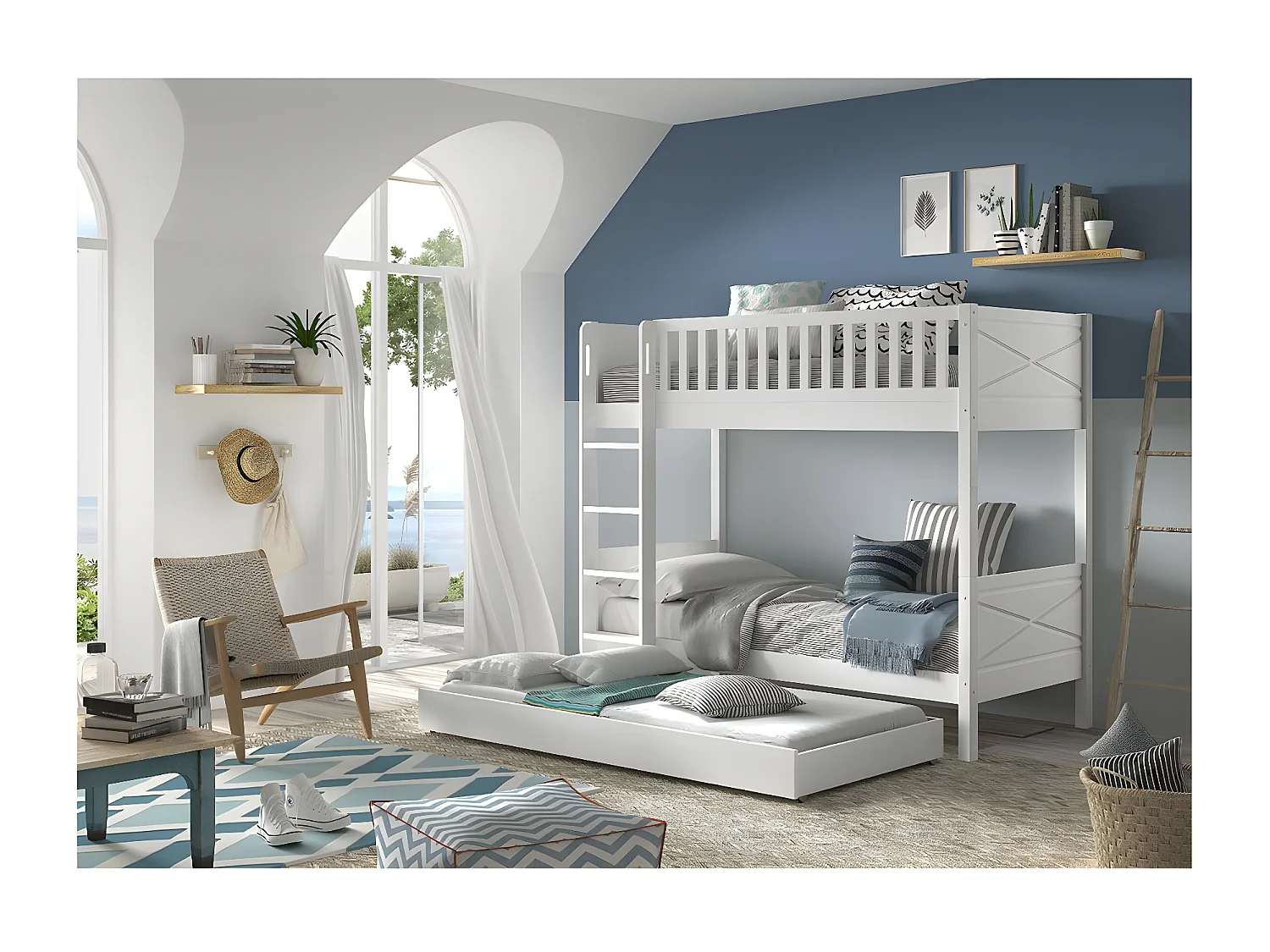 Pack - Lit Superposé Enfant & Tiroir "Scott" Blanc