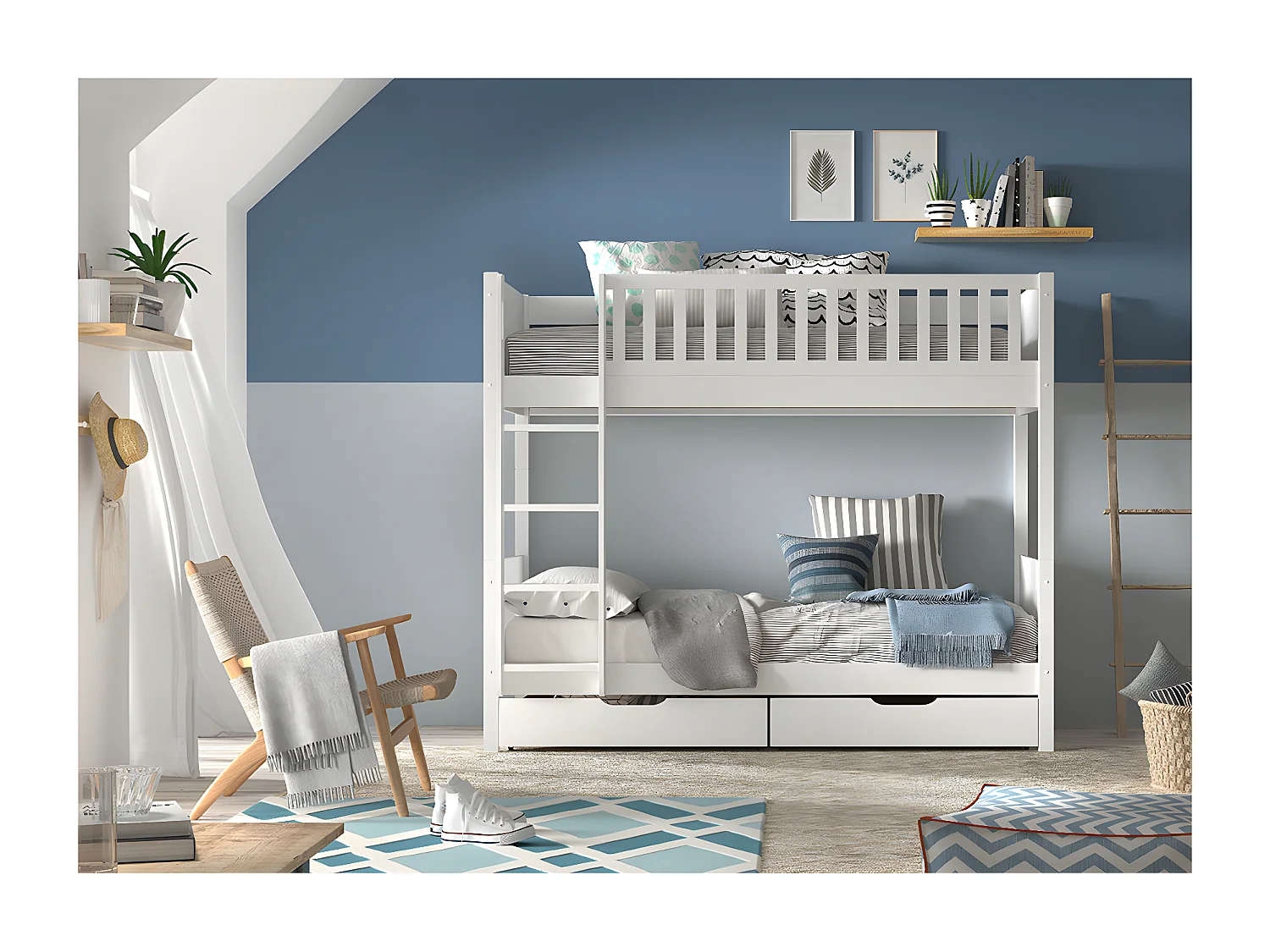 Pack - Lit Superposé Enfant & 2 Tiroirs "Scott" Blanc