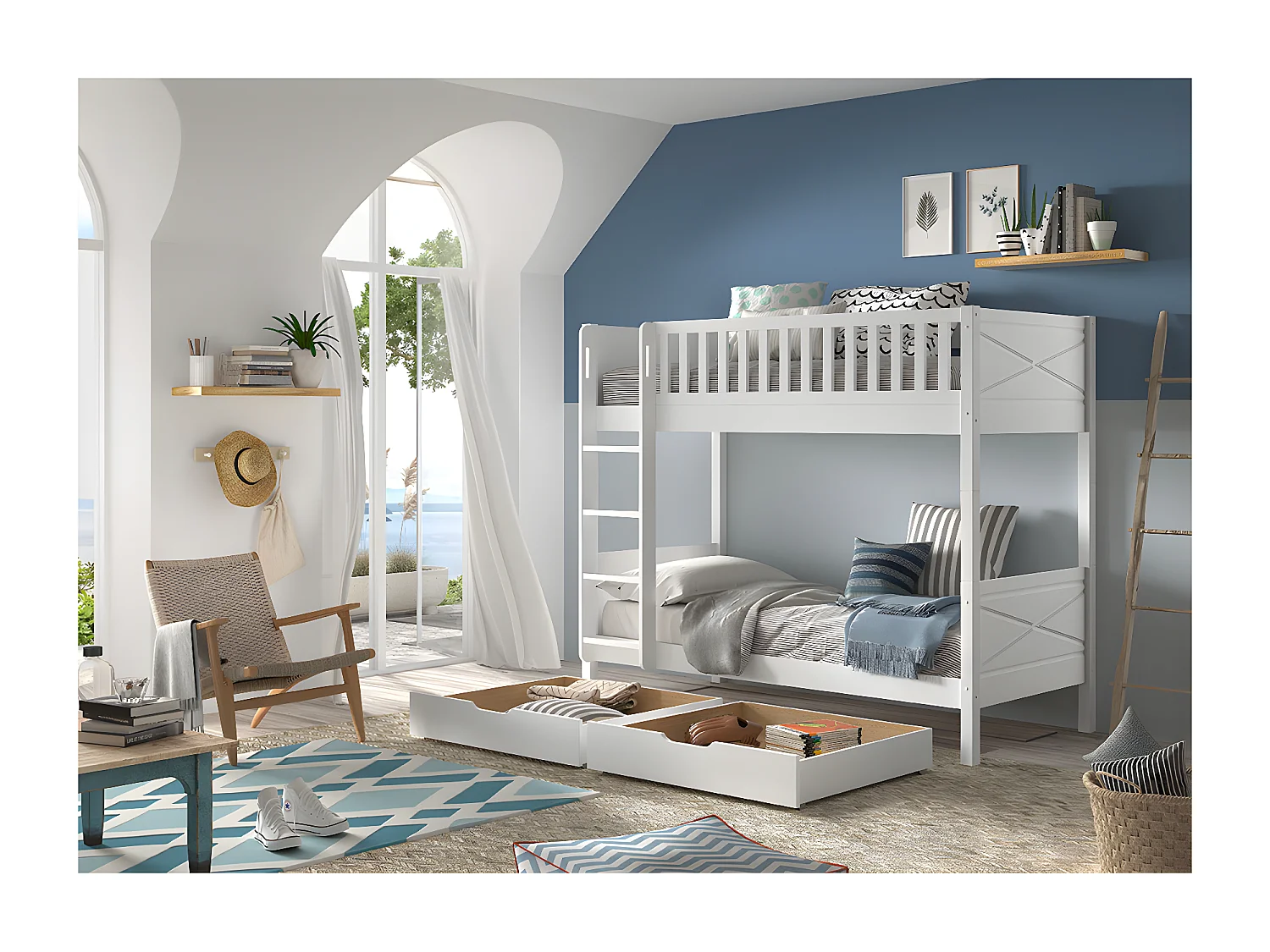 Pack - Lit Superposé Enfant & 2 Tiroirs "Scott" Blanc