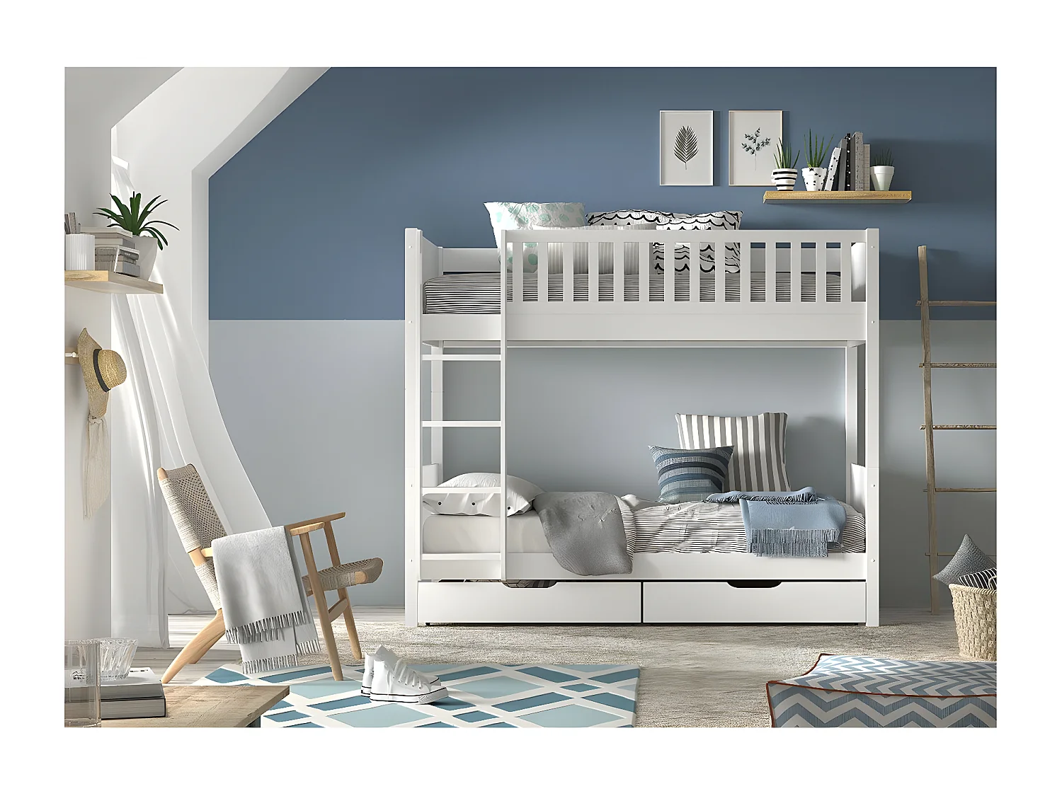 Pack - Lit Superposé Enfant & 2 Tiroirs "Scott" Blanc