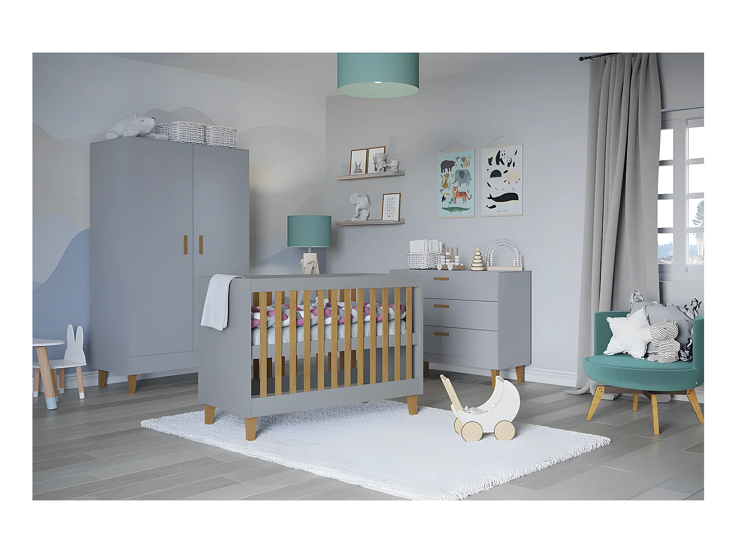 Chambre complète lit bébé 60x120, commode et armoire Kubi - Gris