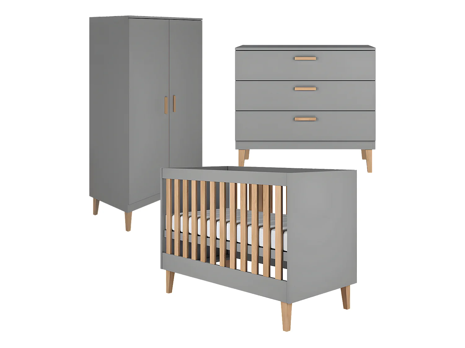 Chambre complète lit bébé 60x120, commode et armoire Kubi - Gris