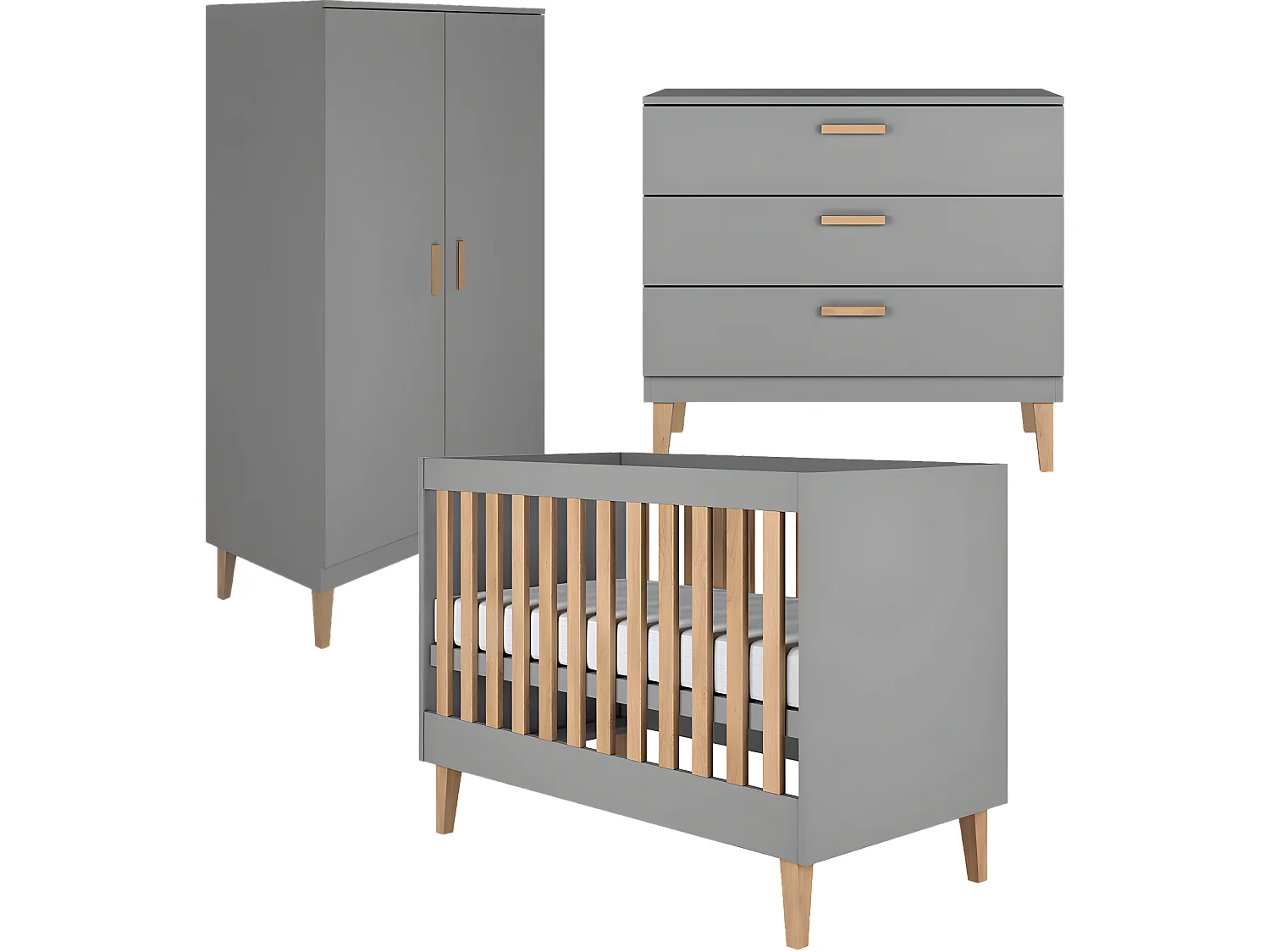 Chambre complète lit bébé 60x120, commode et armoire Kubi - Gris