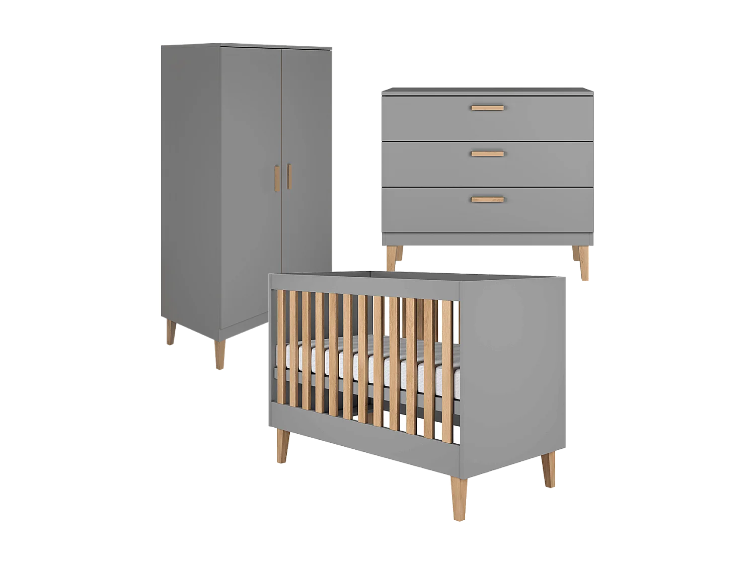 Chambre complète lit bébé 60x120, commode et armoire Kubi - Gris
