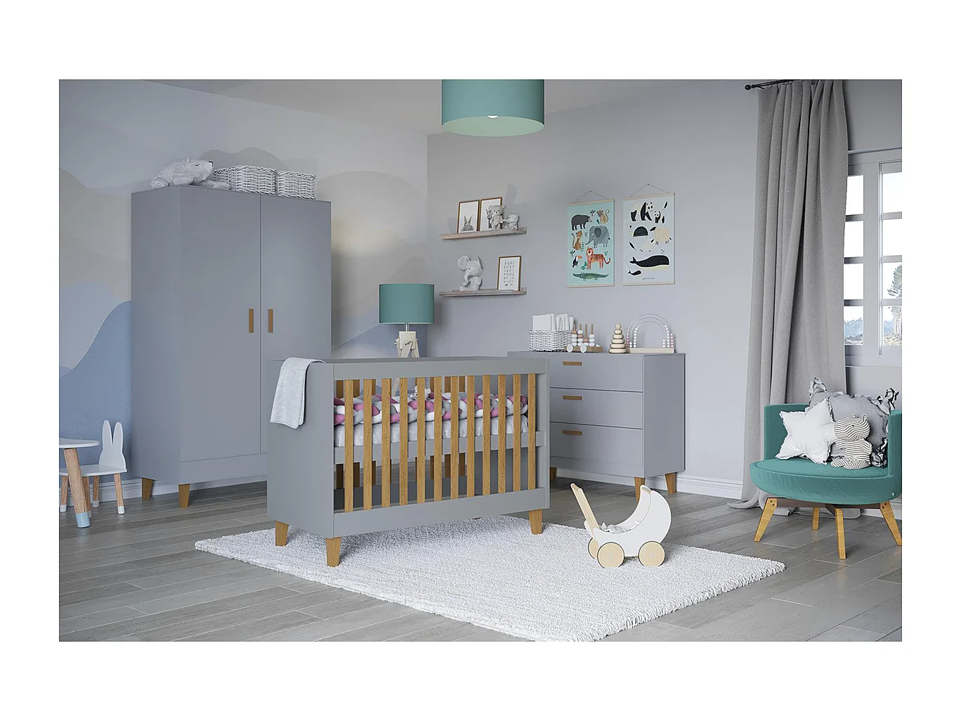 Chambre complète lit bébé 60x120, commode et armoire Kubi - Gris