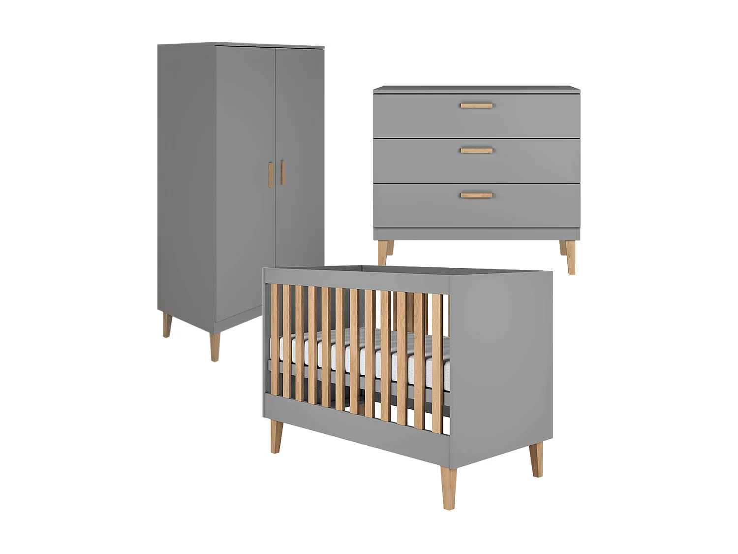 Chambre complète lit bébé 60x120, commode et armoire Kubi - Gris