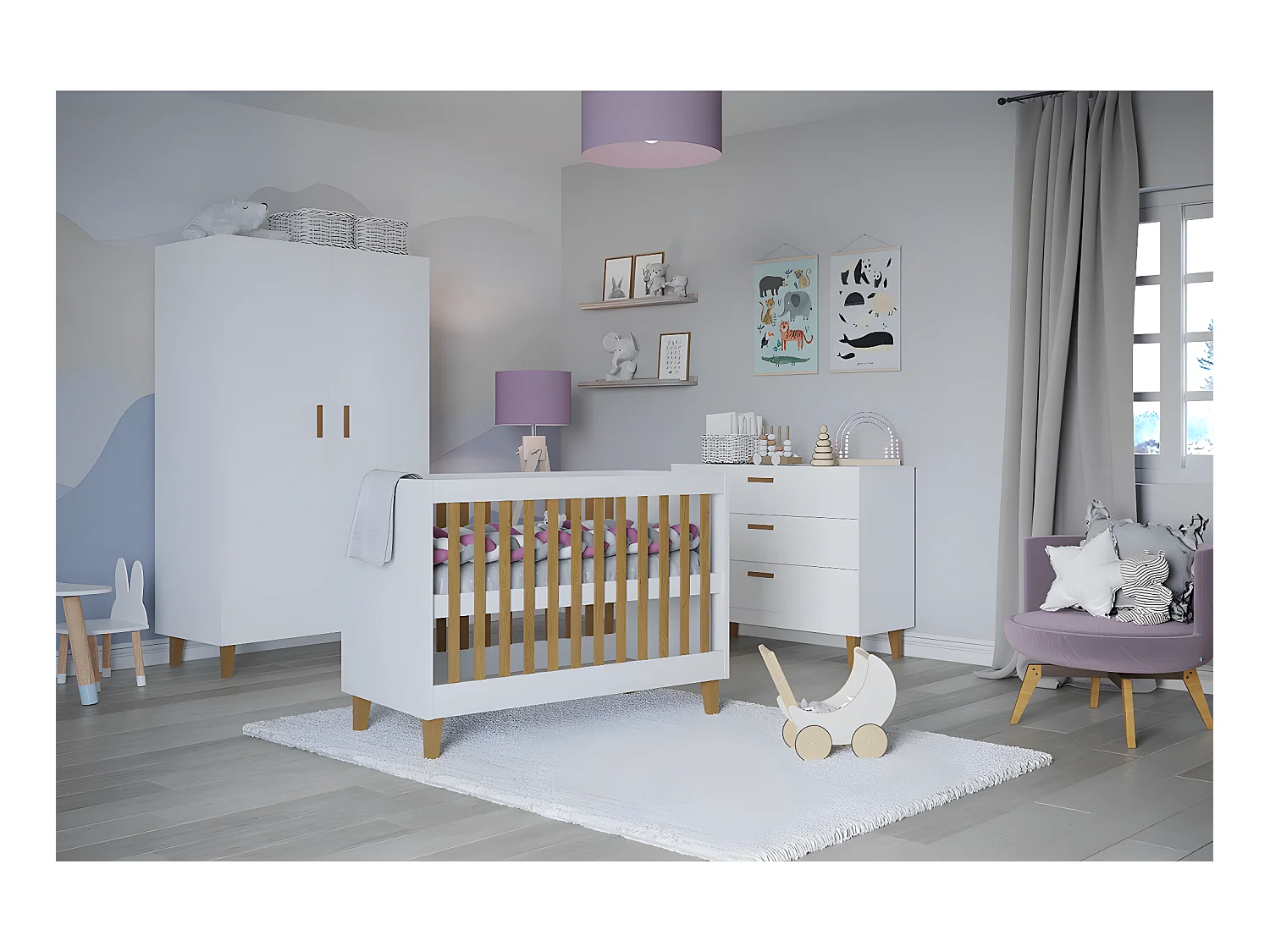 Chambre complète lit bébé 60x120, commode et armoire Kubi - Blanc