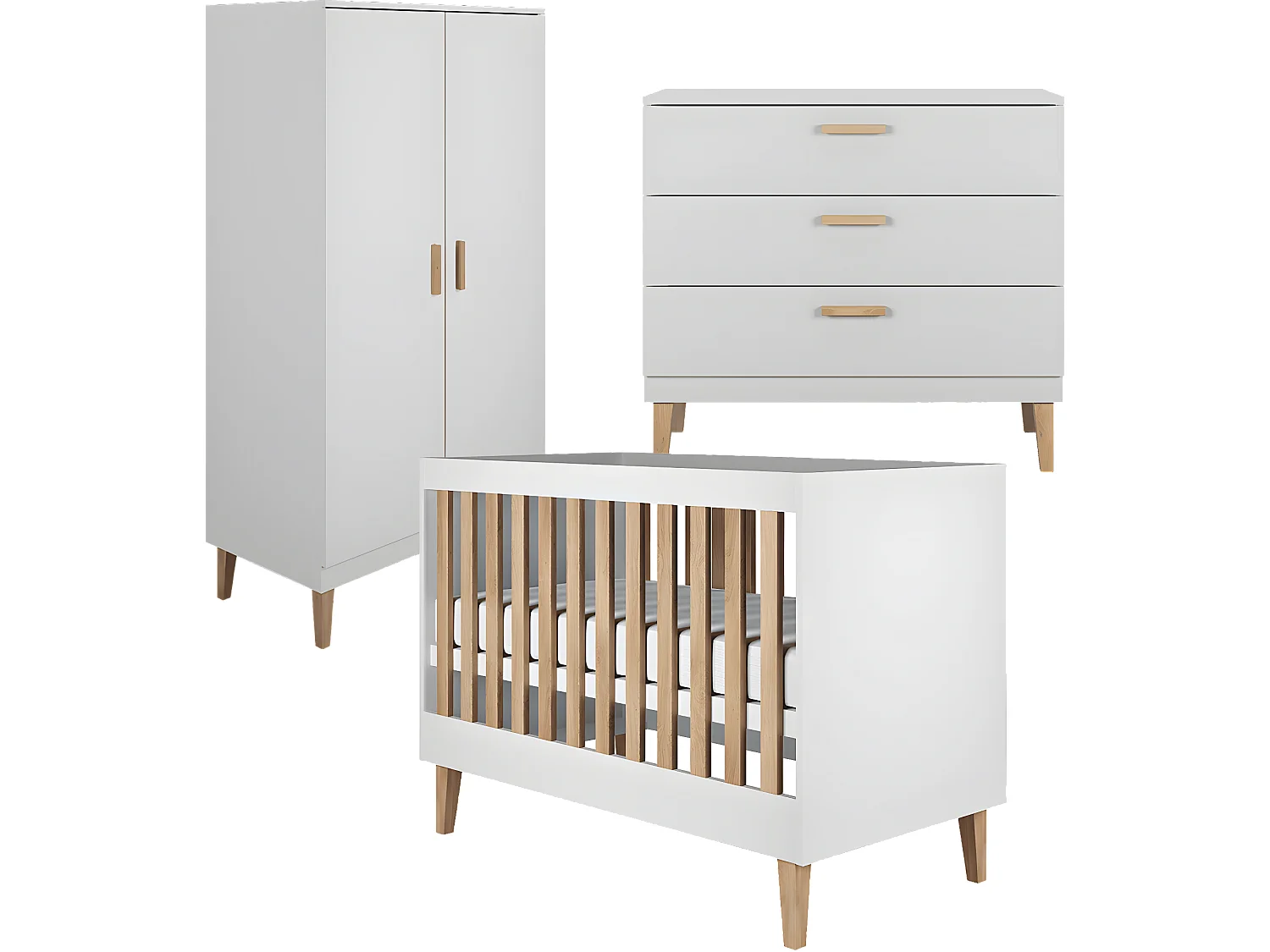 Chambre complète lit bébé 60x120, commode et armoire Kubi - Blanc