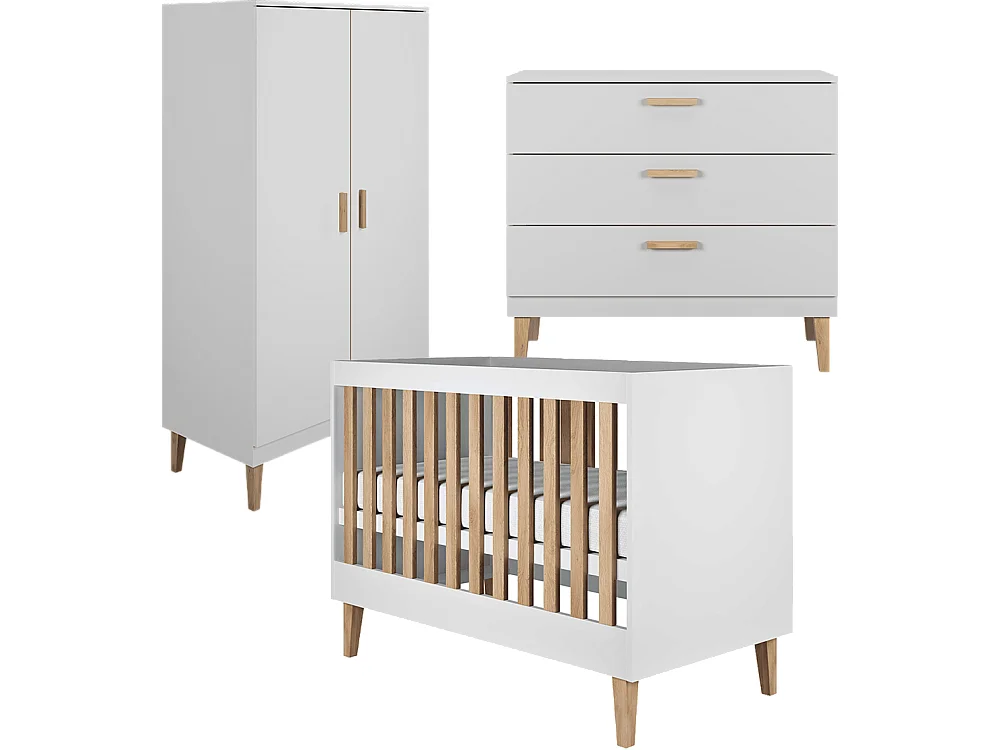 Chambre complète lit bébé 60x120, commode et armoire Kubi - Blanc