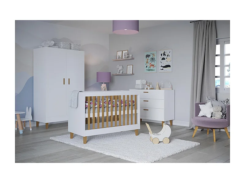 Chambre complète lit bébé 60x120, commode et armoire Kubi - Blanc