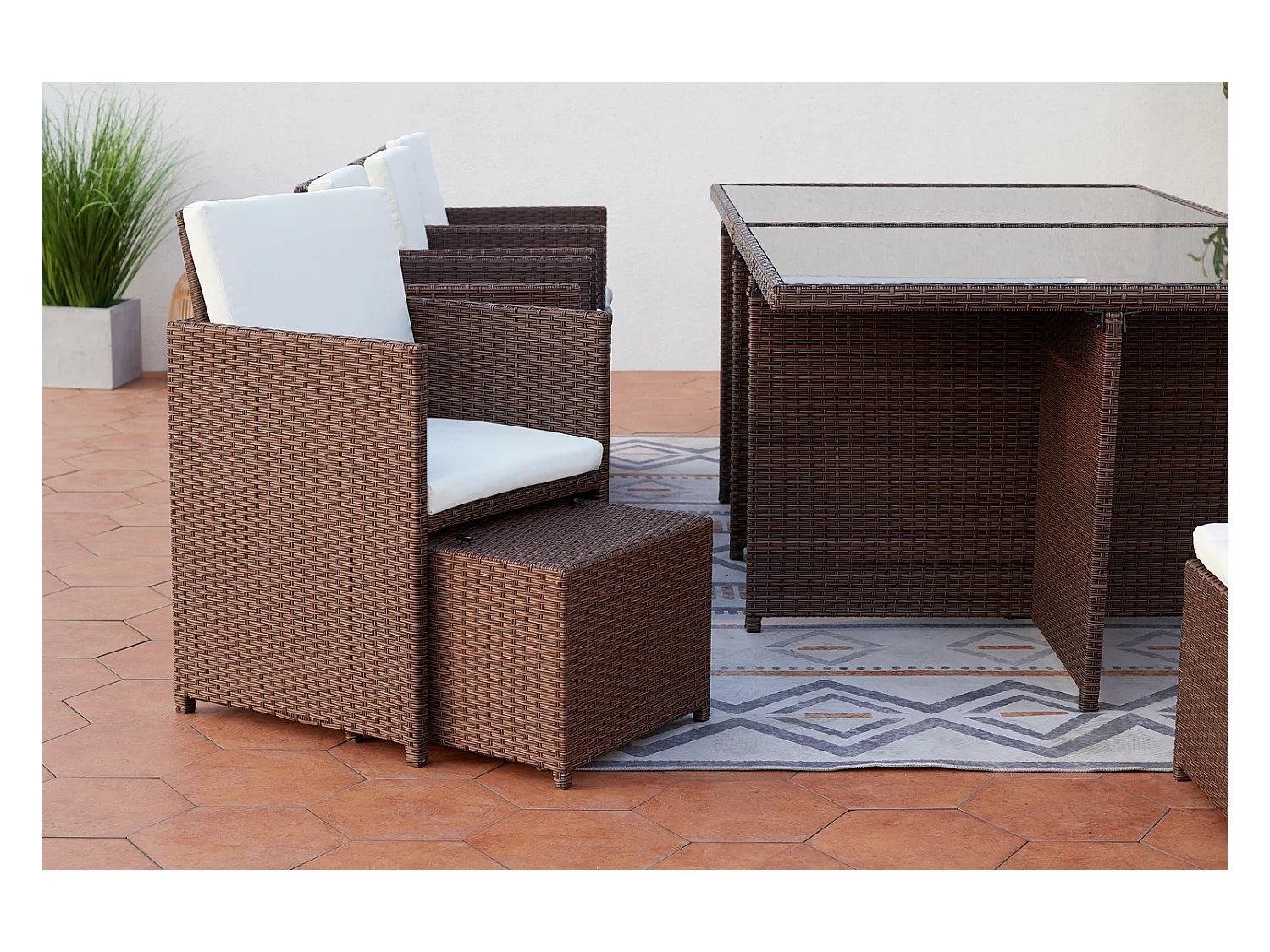 Salotto da giardino a incasso 12 posti resina intrecciata castagna/bianco MONACO