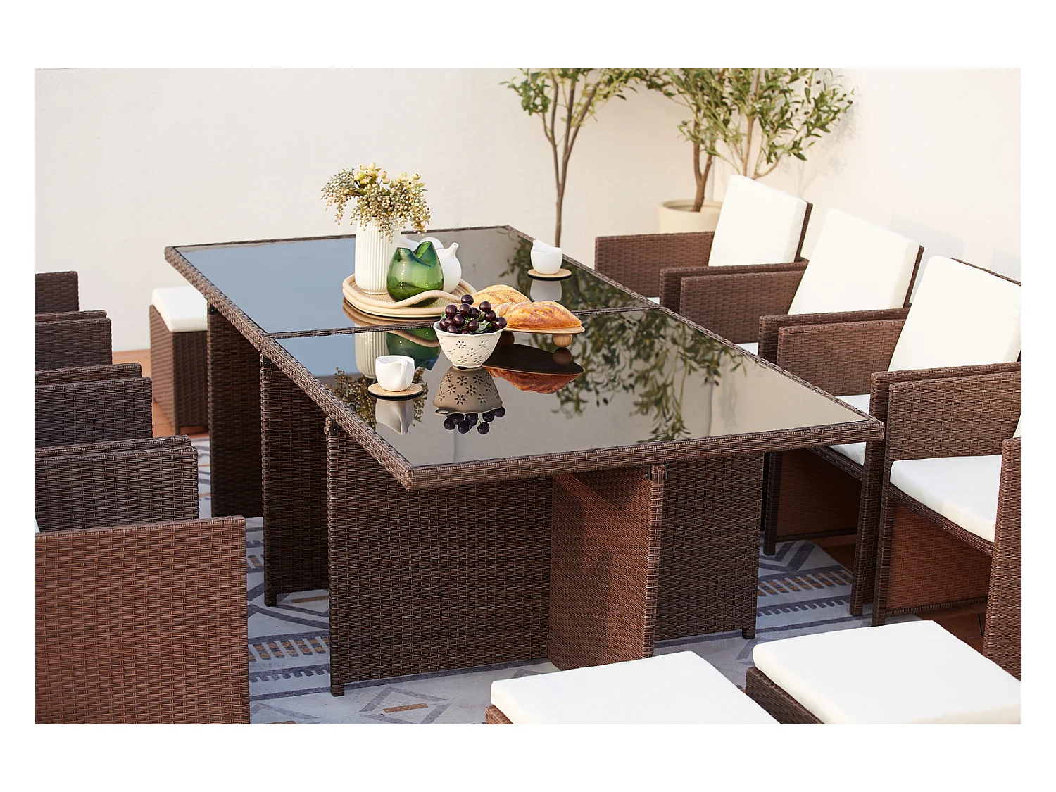 Salotto da giardino a incasso 12 posti resina intrecciata castagna/bianco MONACO