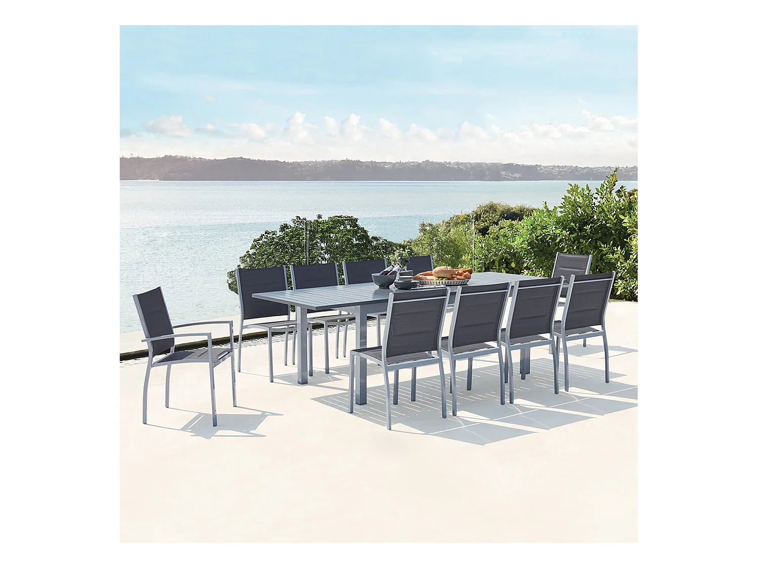 Table de jardin extensible et 10 chaises alu-toile PVC gris AREZZO