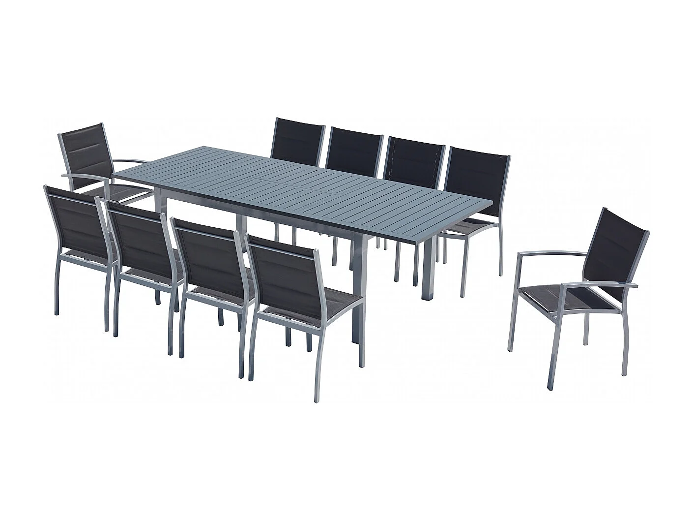 Table de jardin extensible et 10 chaises alu-toile PVC gris AREZZO