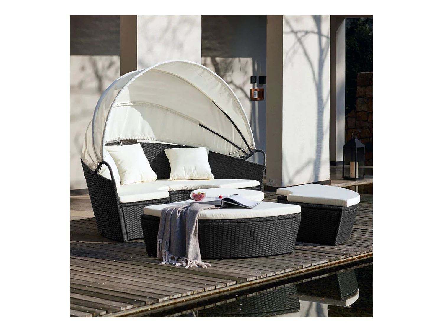 Salon de jardin modulable 4-6 pers en résine tressée poly rotin noir CIRCO