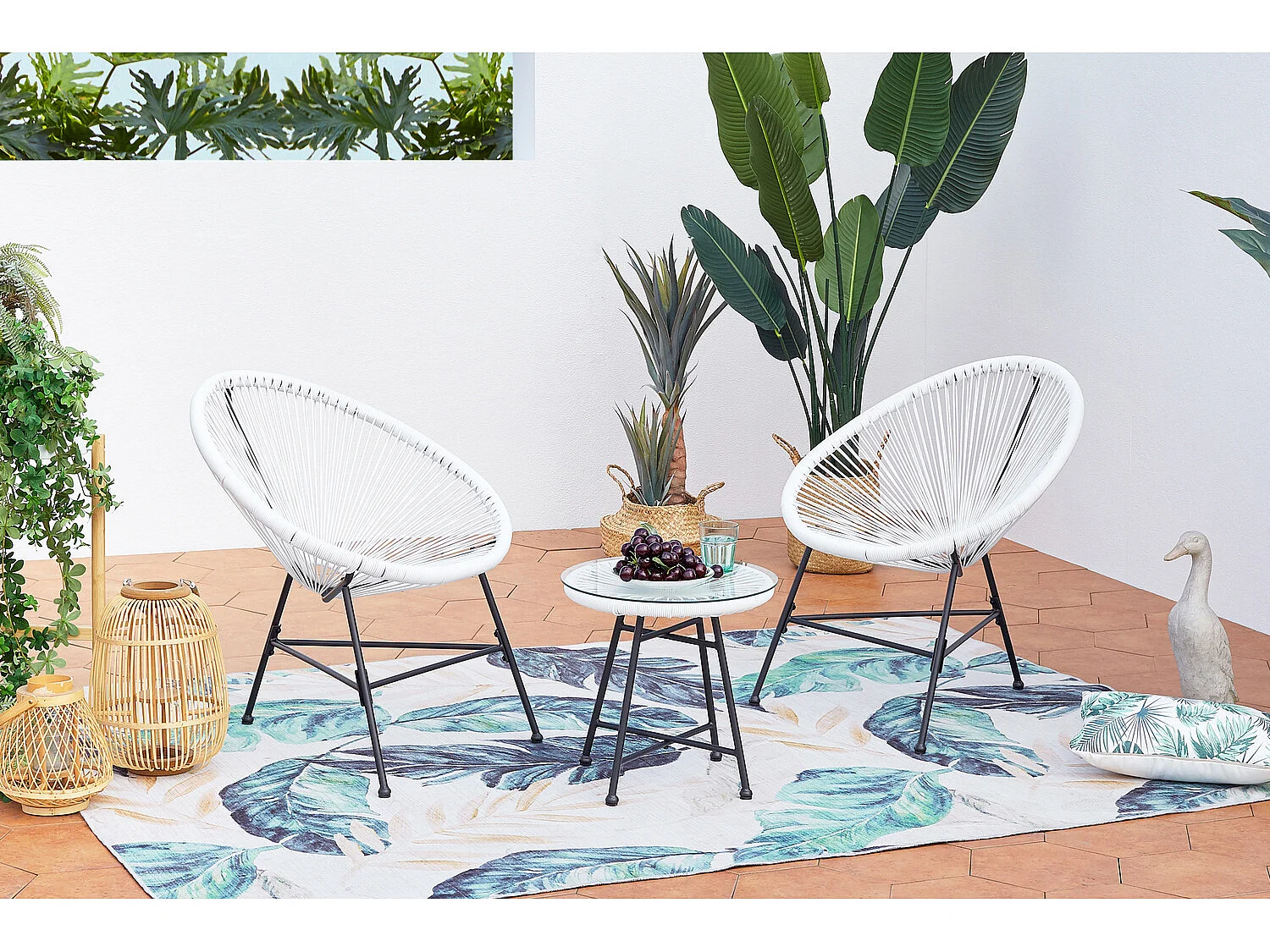 Loungeset 2 Ei-vormige Fauteuils + Lage Tafel Wit Mexicaans Design ACAPULCO Retro van Epoxy Gecoat Staal