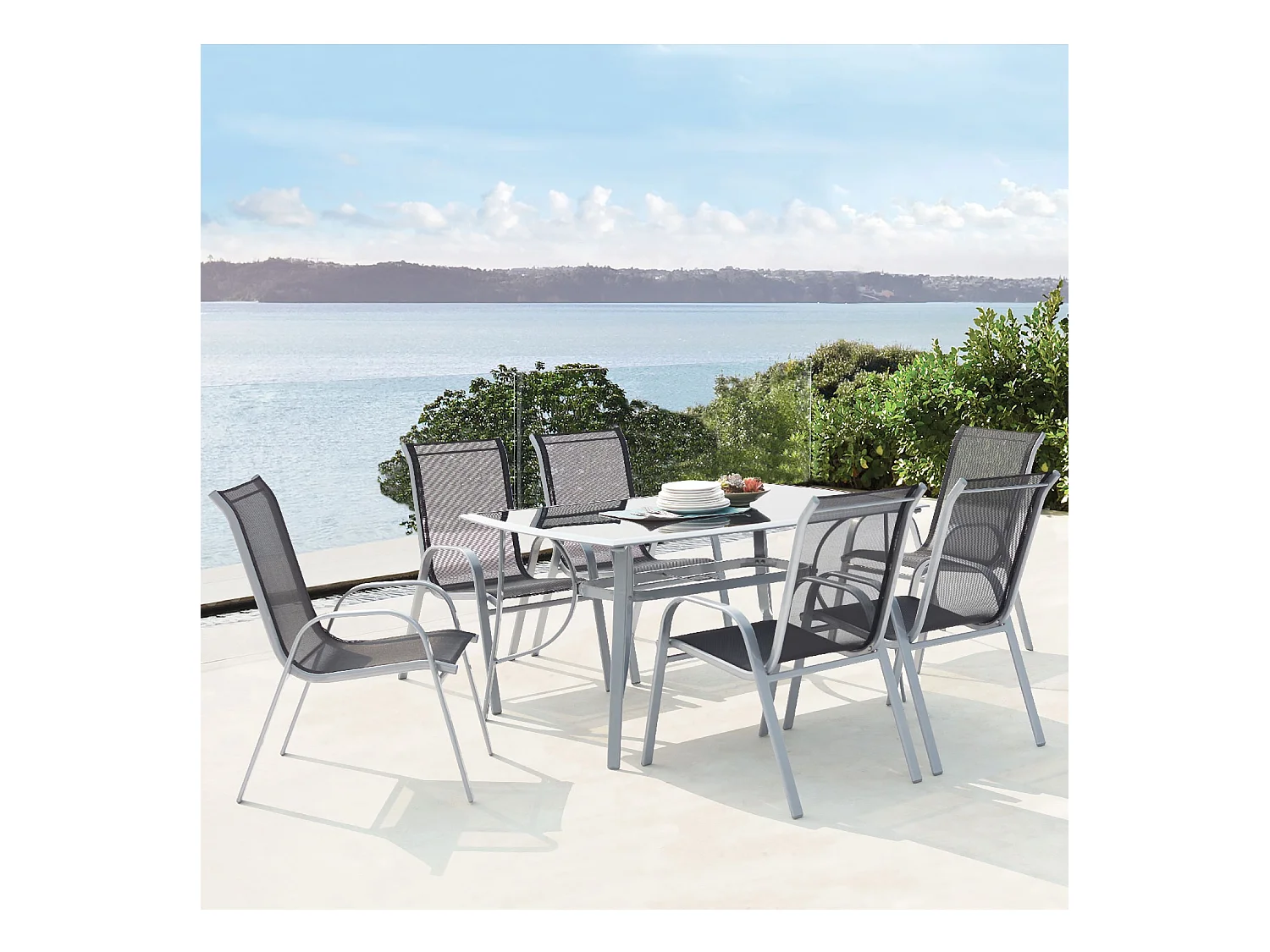Table de jardin et 6 chaises en aluminium et acier gris ALASSIO