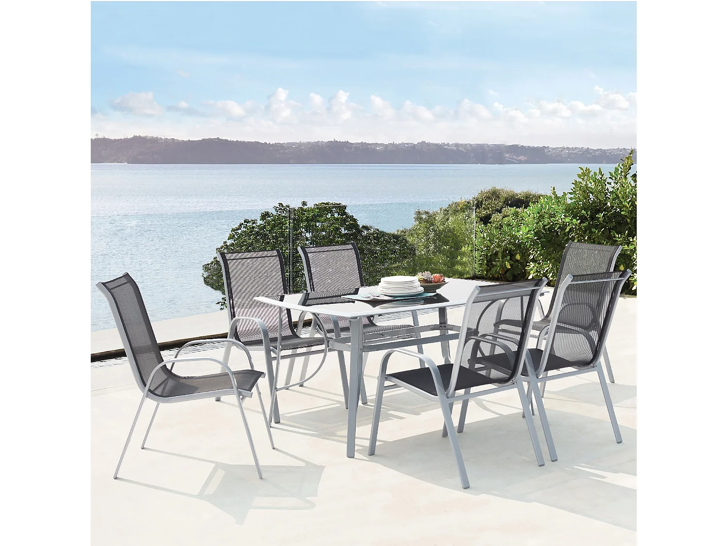 Table de jardin et 6 chaises en aluminium et acier gris ALASSIO