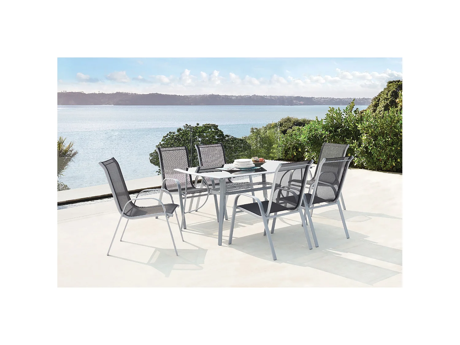 Table de jardin et 6 chaises en aluminium et acier gris ALASSIO