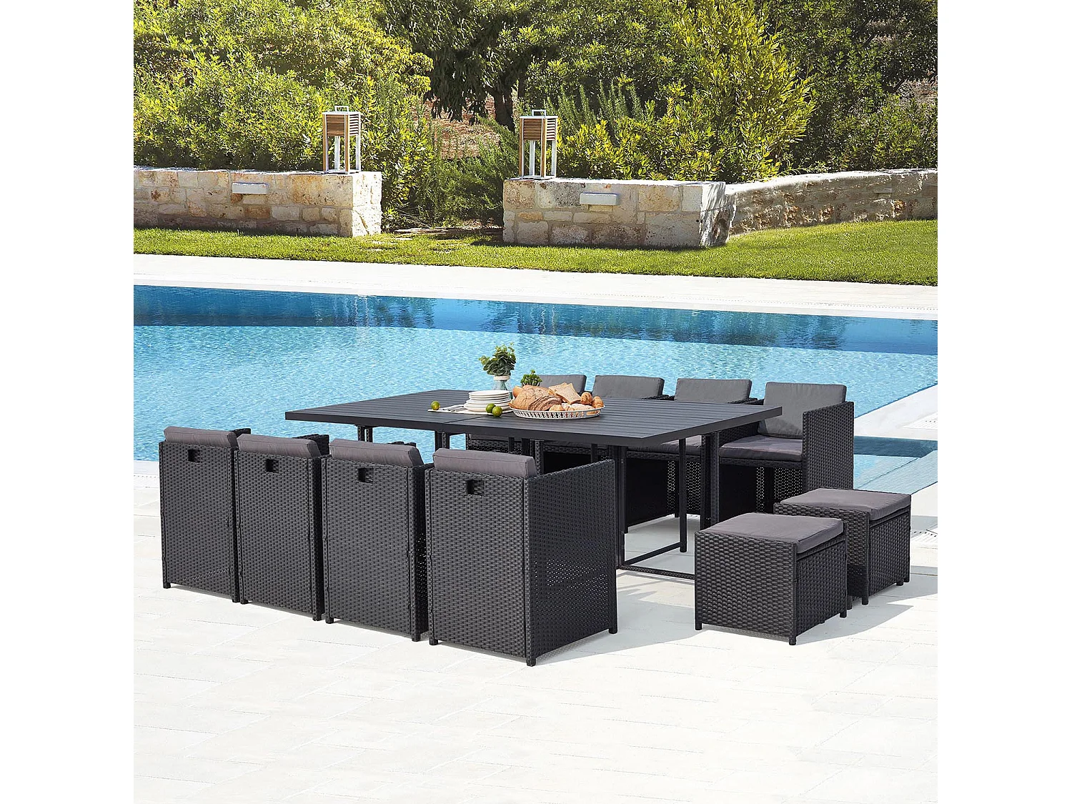 Inklapbare loungeset voor de tuin met 12 zitplaatsen van gevlochten kunststof en aluminium zwart/grijs SUNSET