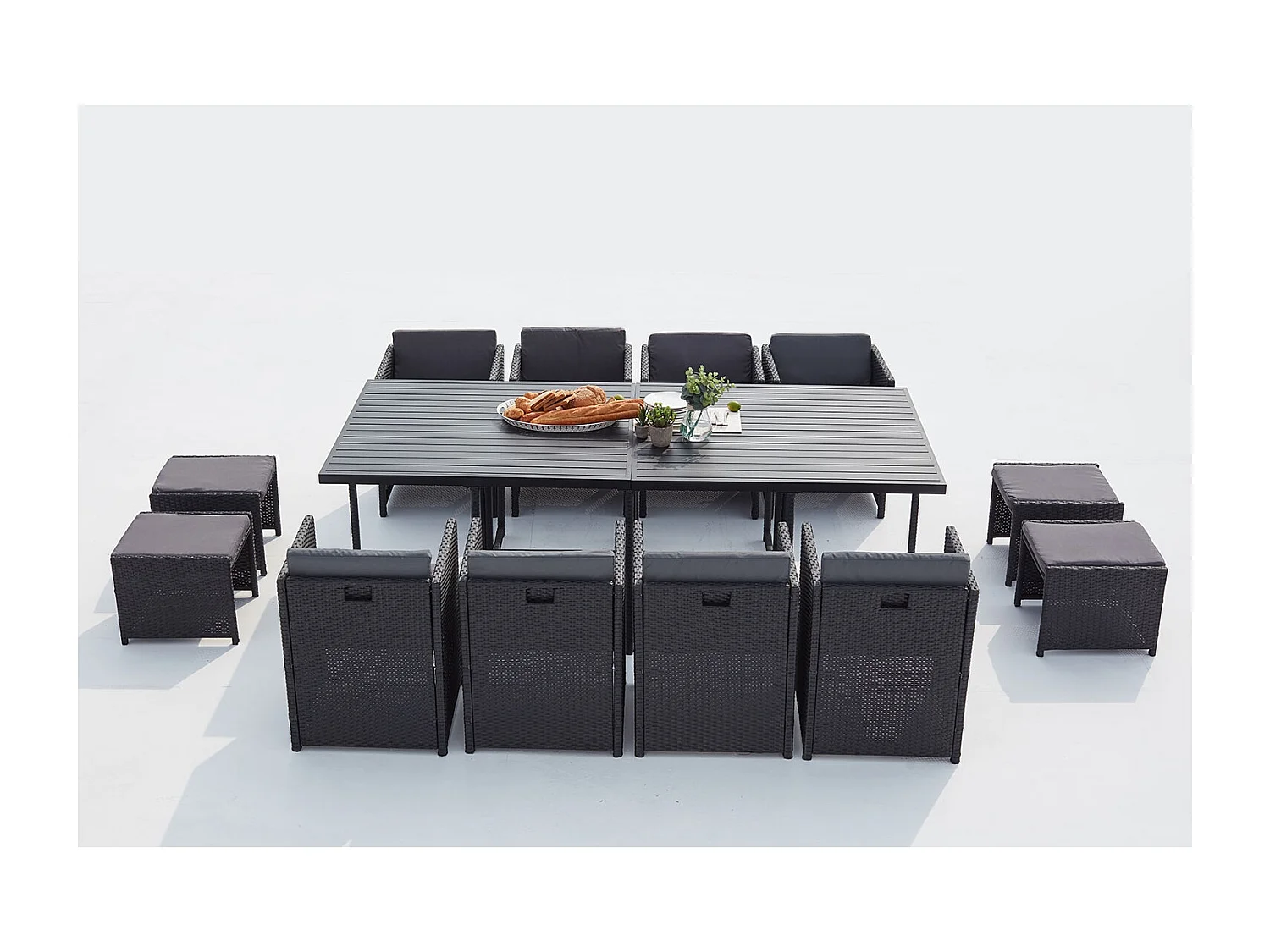 Inklapbare loungeset voor de tuin met 12 zitplaatsen van gevlochten kunststof en aluminium zwart/grijs SUNSET