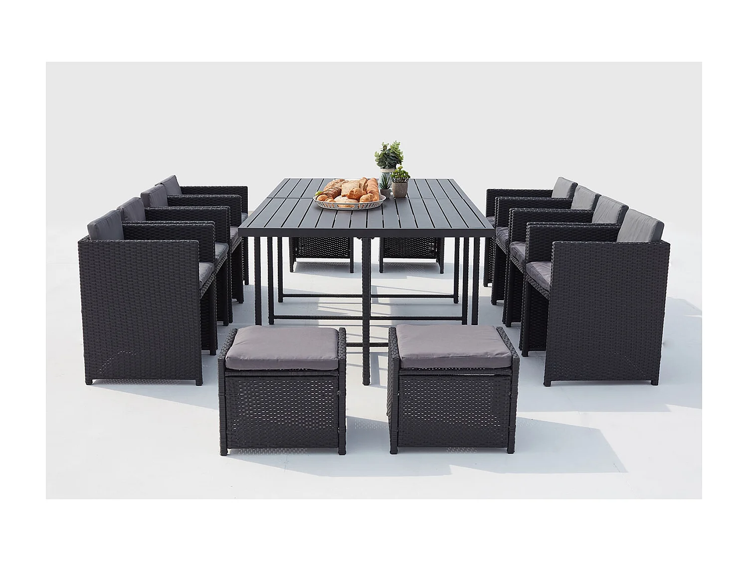 Inklapbare loungeset voor de tuin met 12 zitplaatsen van gevlochten kunststof en aluminium zwart/grijs SUNSET