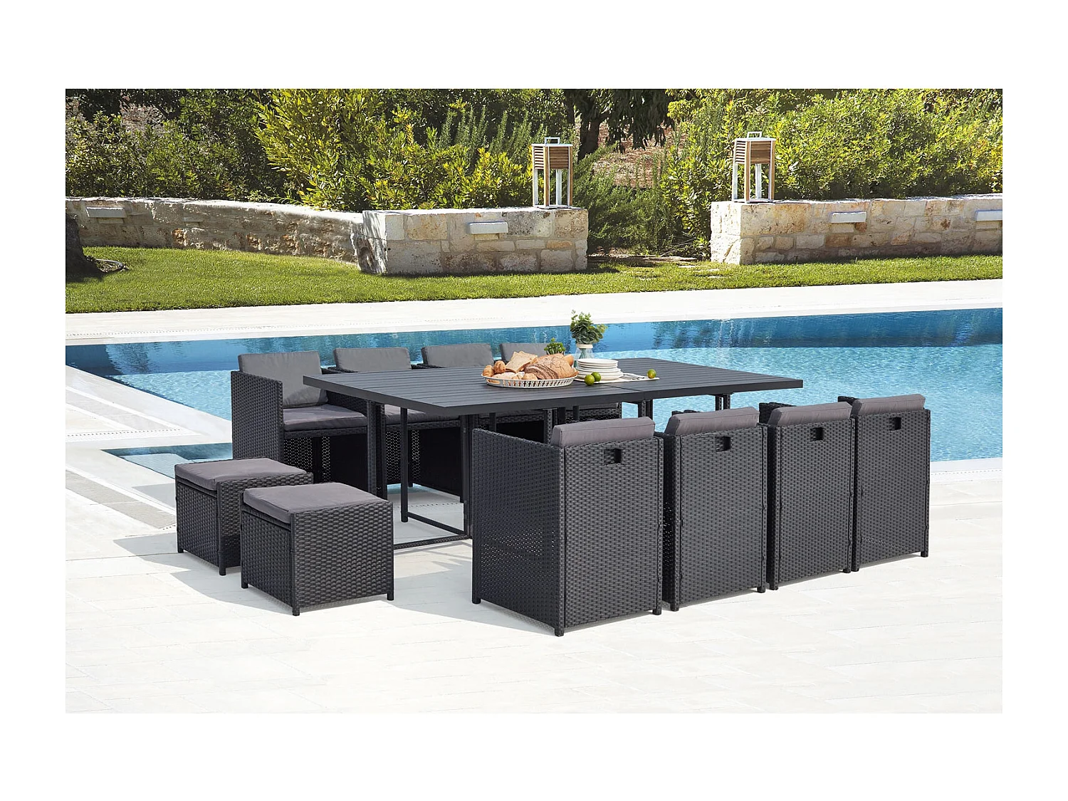 Inklapbare loungeset voor de tuin met 12 zitplaatsen van gevlochten kunststof en aluminium zwart/grijs SUNSET