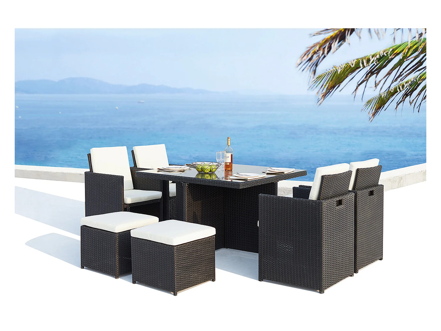 Table et chaises 8 places encastrables en résine noir-blanc MONACO