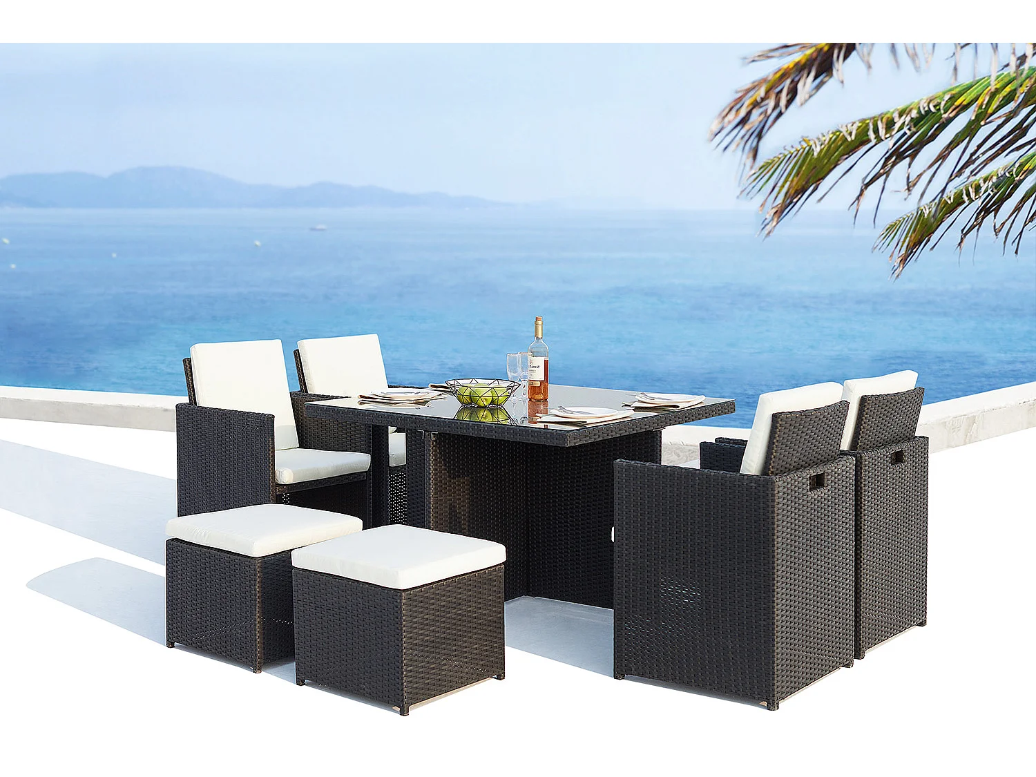 Salotto da giardino a incasso 8 posti resina intrecciata bianco/nero MONACO