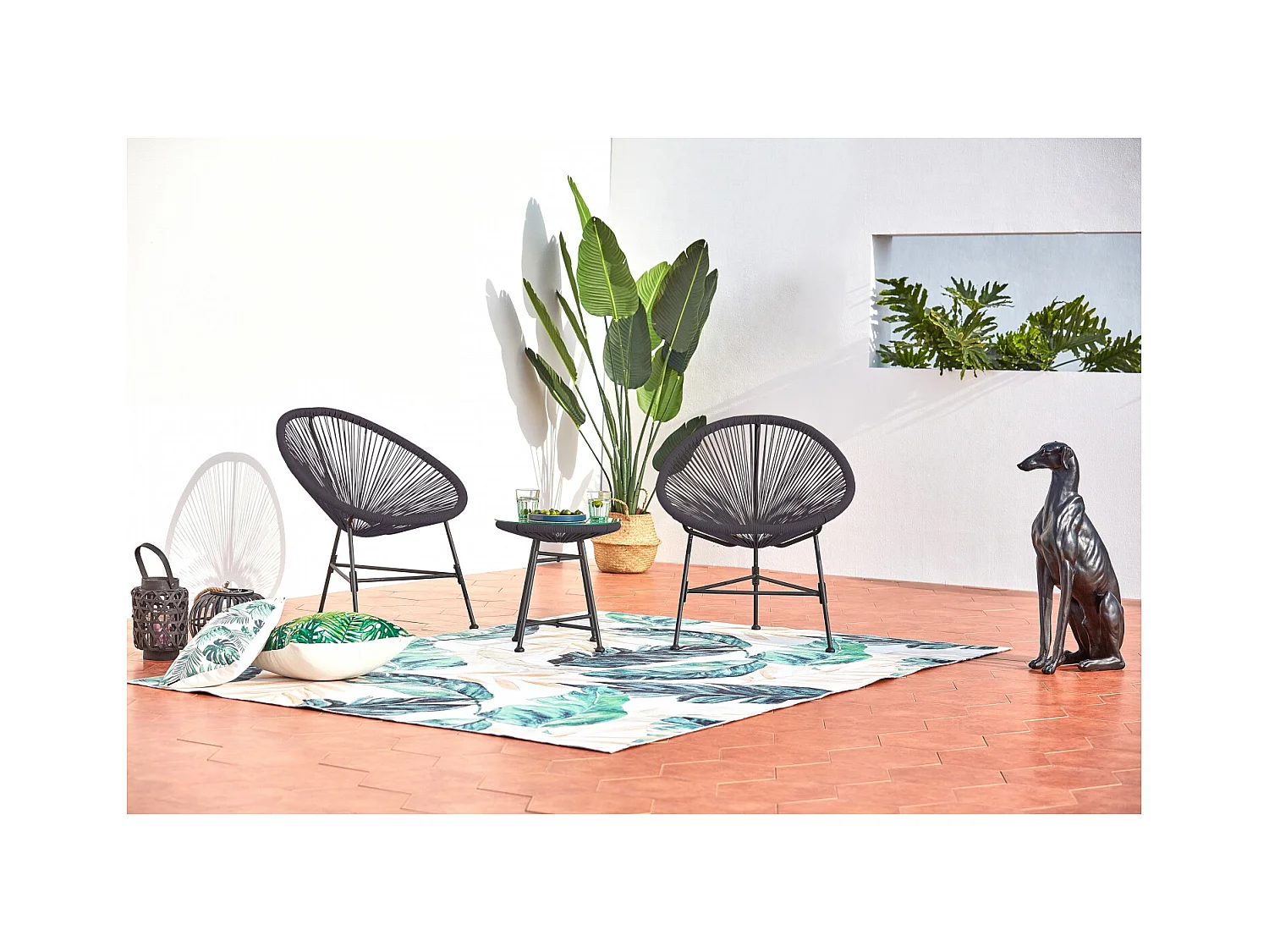 Salon de jardin 2 fauteuils ronds et table basse gris ACAPULCO