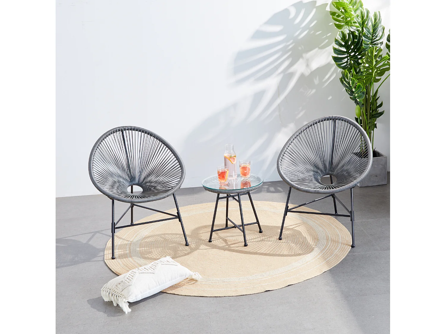 Juego de 2 sillones huevo + mesa de centro gris ACAPULCO