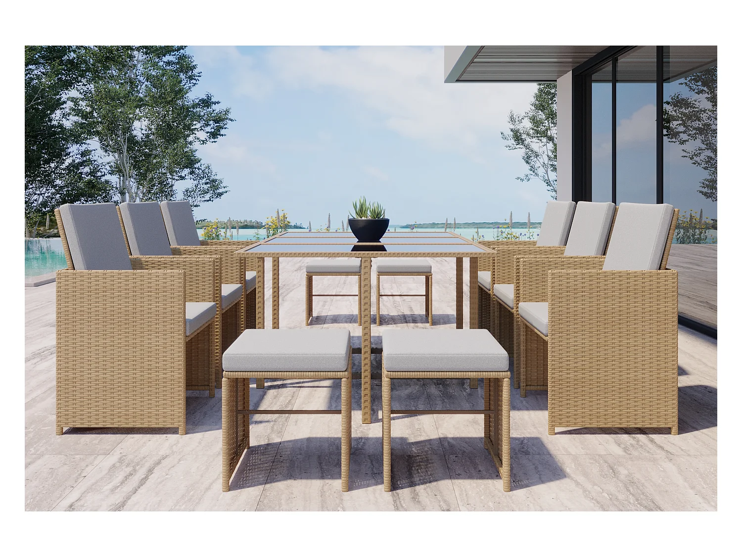10-Sitzer Gartenmöbel-Set aus naturbelassenem Rattan FLORIDA - Elegantes Design, 10 Personen, abnehmbare Kissen, pflegeleicht
