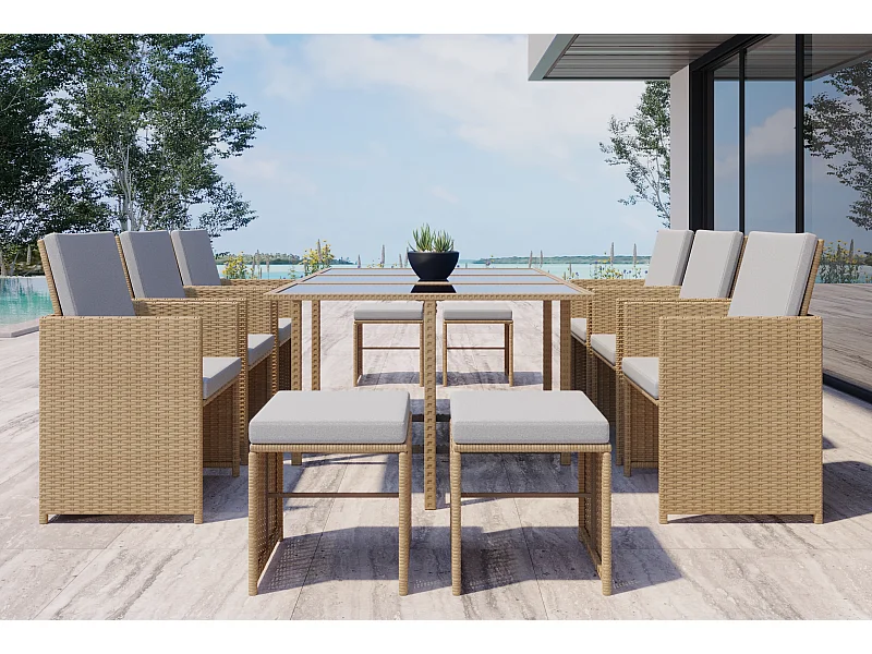 Loungeset voor 10 personen van natuurlijk vlechtwerk FLORIDA - Elegant design, 10 personen, afneembare kussens, gemakkelijk te onderhouden
