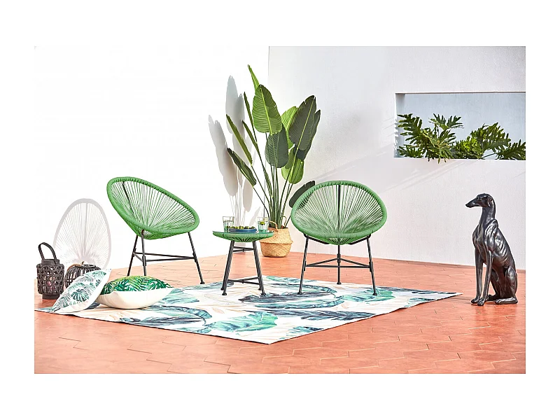 Salon de jardin 2 fauteuils ronds et table basse vert ACAPULCO