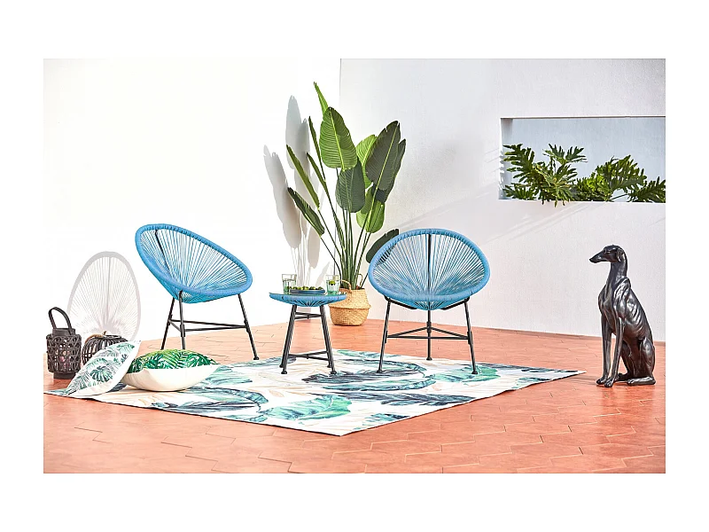 Gartenmöbel, 2 runde Sessel und blauer Couchtisch ACAPULCO
