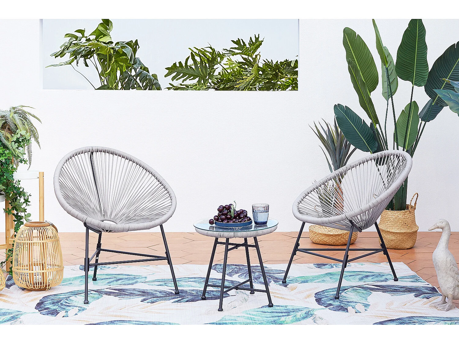 Tuinset 2 eierstoelen + lage tafel lichtgrijs ACAPULCO