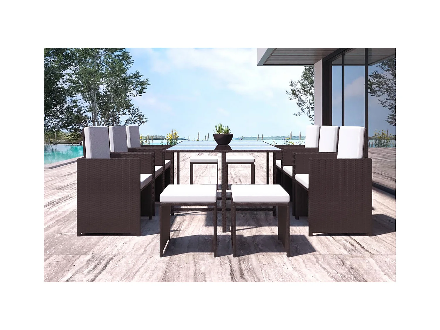 Salon de jardin encastrable Marron-Blanc 10 places FLORIDA