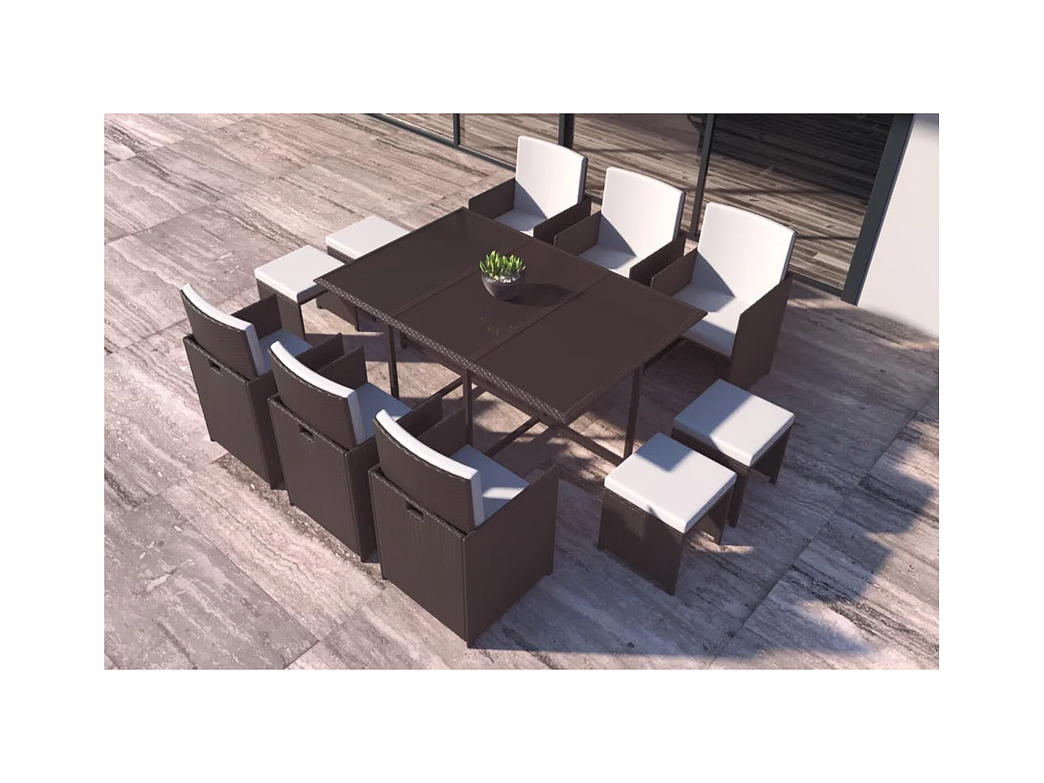 Salon de jardin encastrable Marron-Blanc 10 places FLORIDA