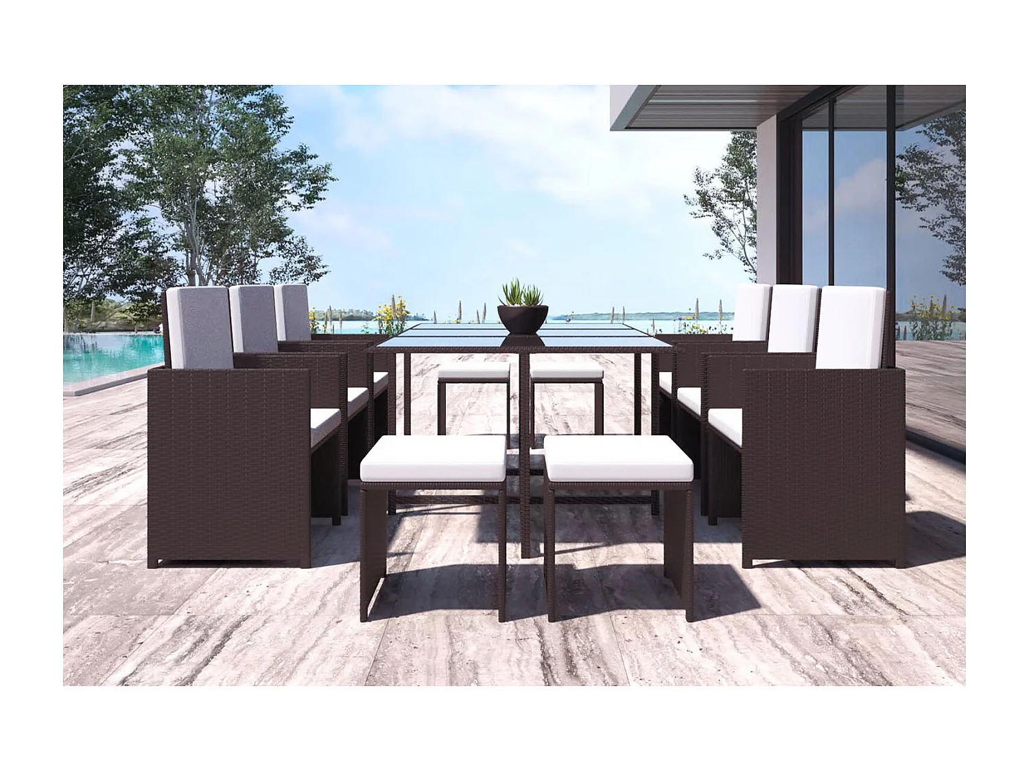 Salon de jardin encastrable Marron-Blanc 10 places FLORIDA