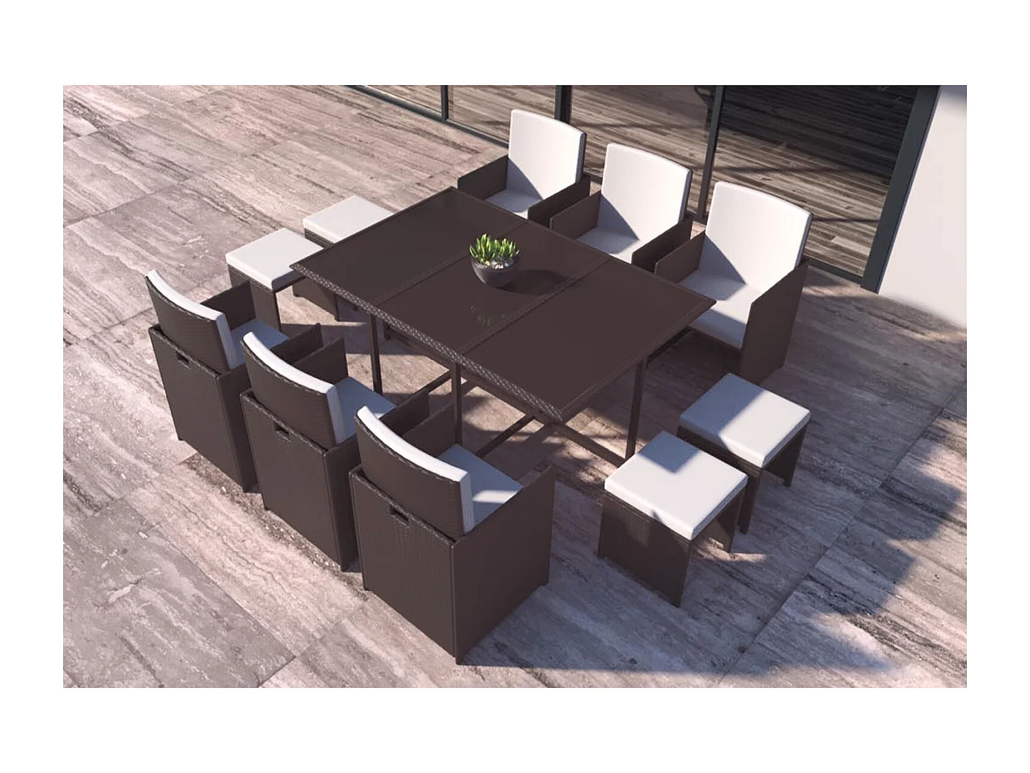 Salon de jardin encastrable Marron-Blanc 10 places FLORIDA